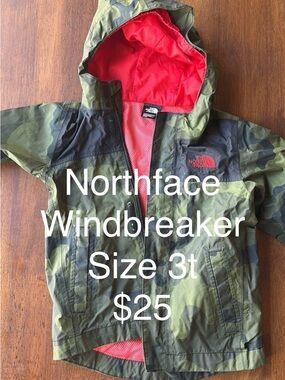 The North Face Camo Hooded Windbreaker with Red Lining
